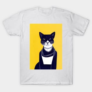 Black and White Sunshine Cat Retro Poster Vintage Art Cat Wall Blue Yellow Illustration T-Shirt